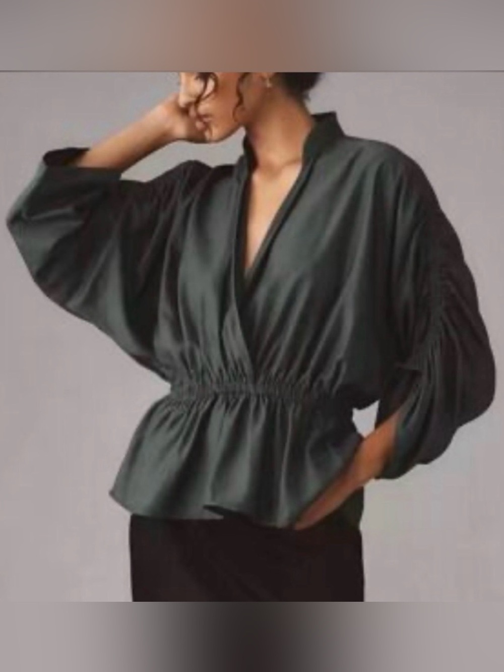 Maeve Dark Green V-Neck Cinched Waist Peplum Blouse